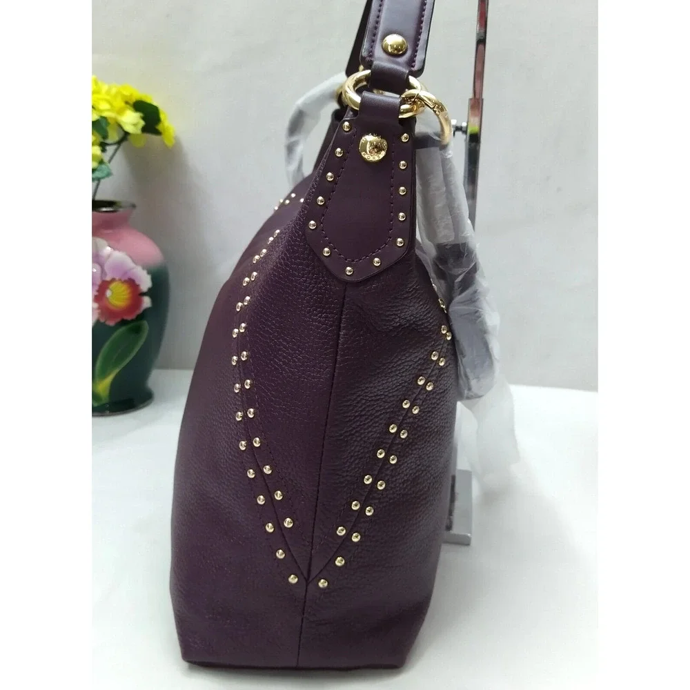 Michael Kors Aria Purple Pebbled Leather Studded Zipper Closure Shoulder Bag
